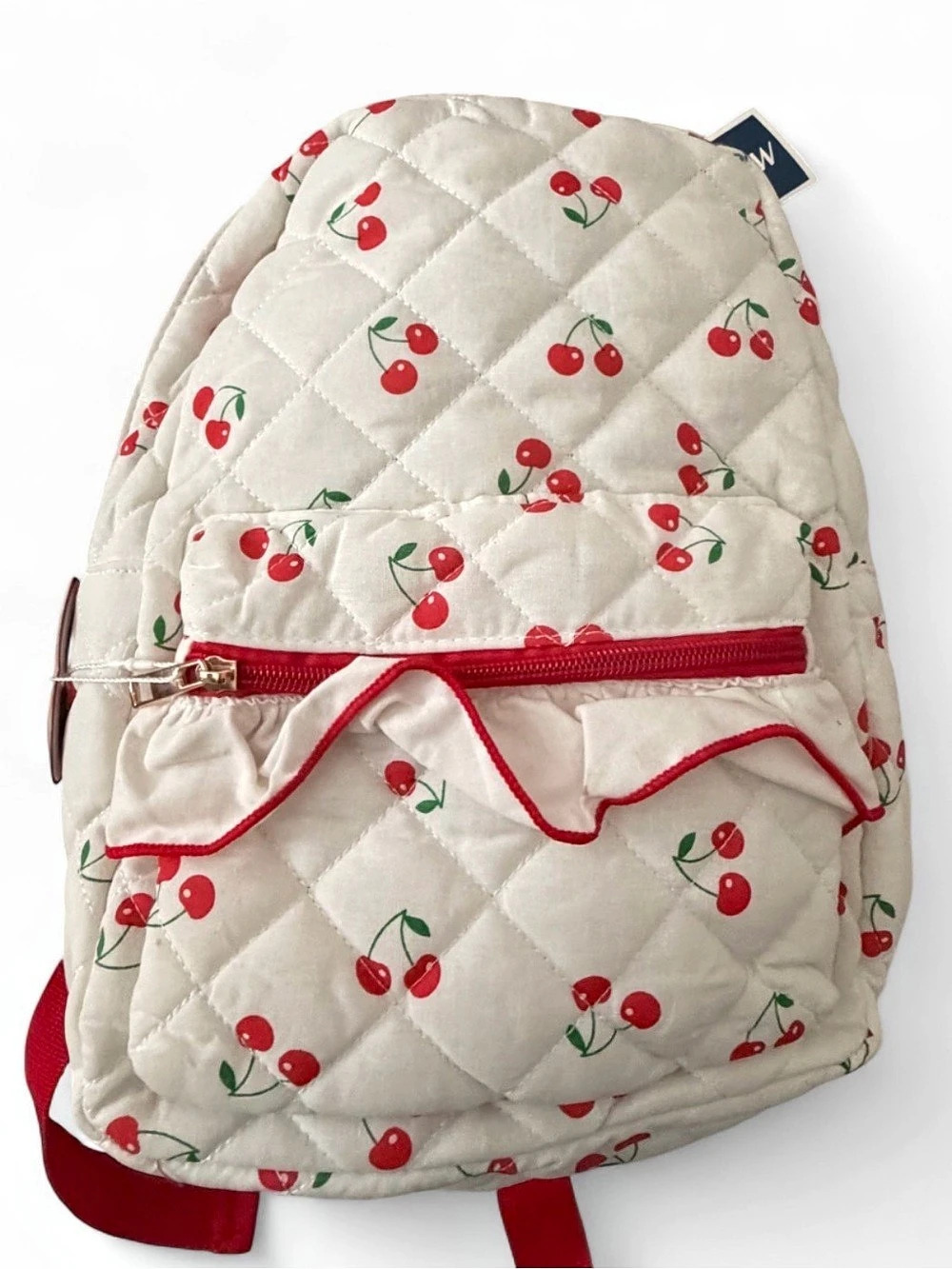 Cherry Print Quilted Backpack in Cream & Red